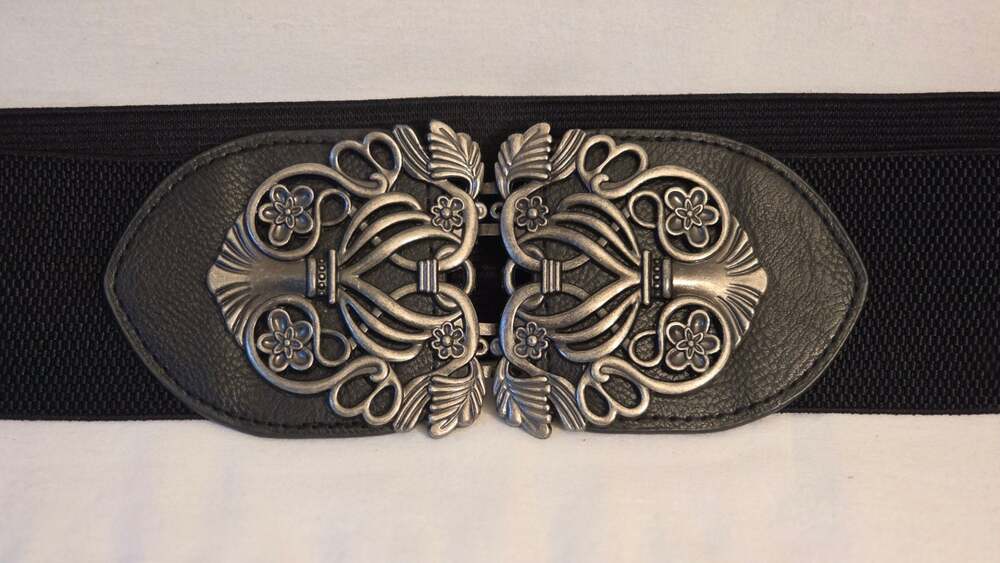 Black Elastic Waist Belt with Ornate Silver Floral Filigree Clasp